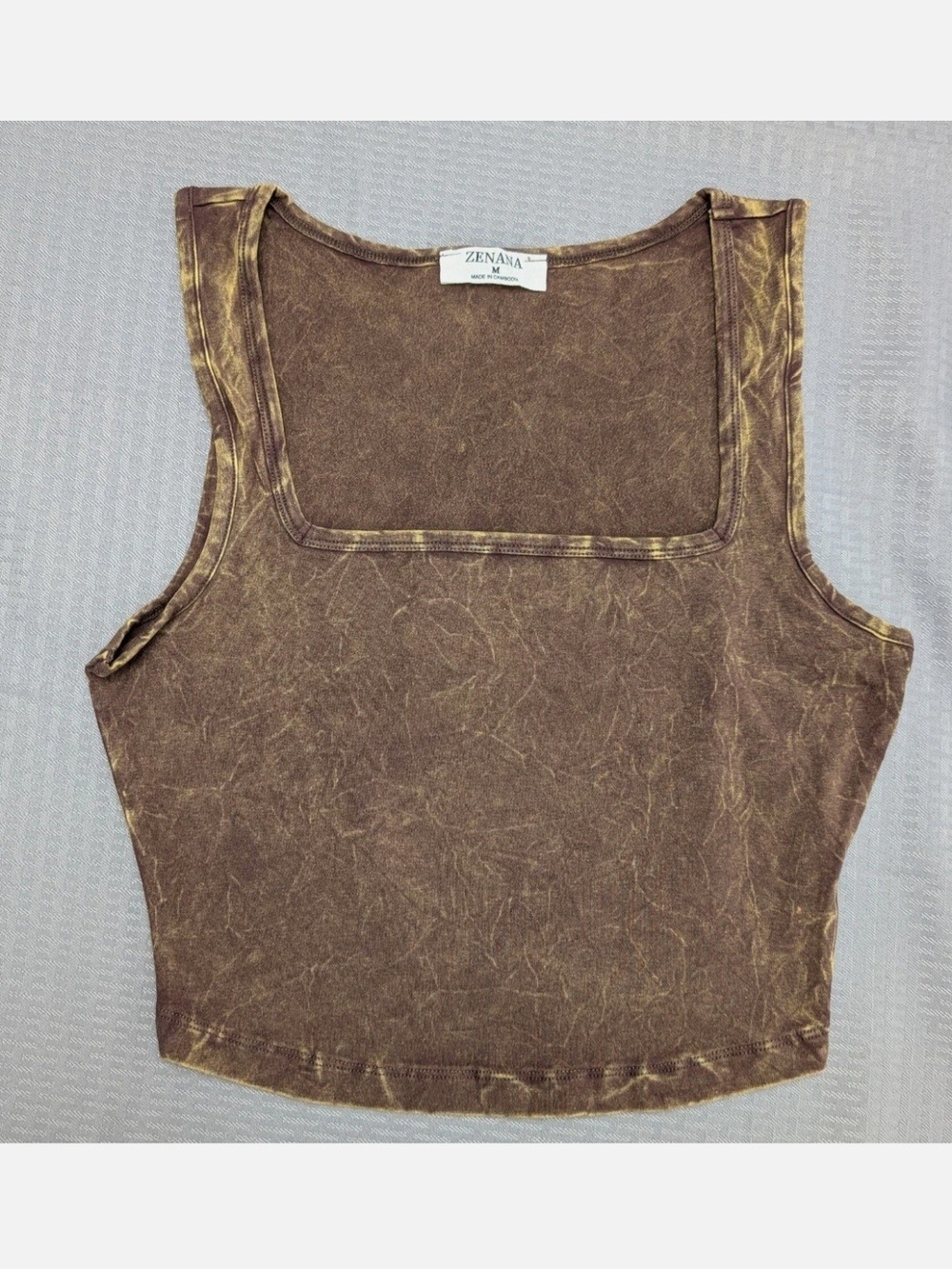 Zenana Women's Mahogany Stretchy Acid Wash Wide Strap Cotton Tank Crop-S,M,L
